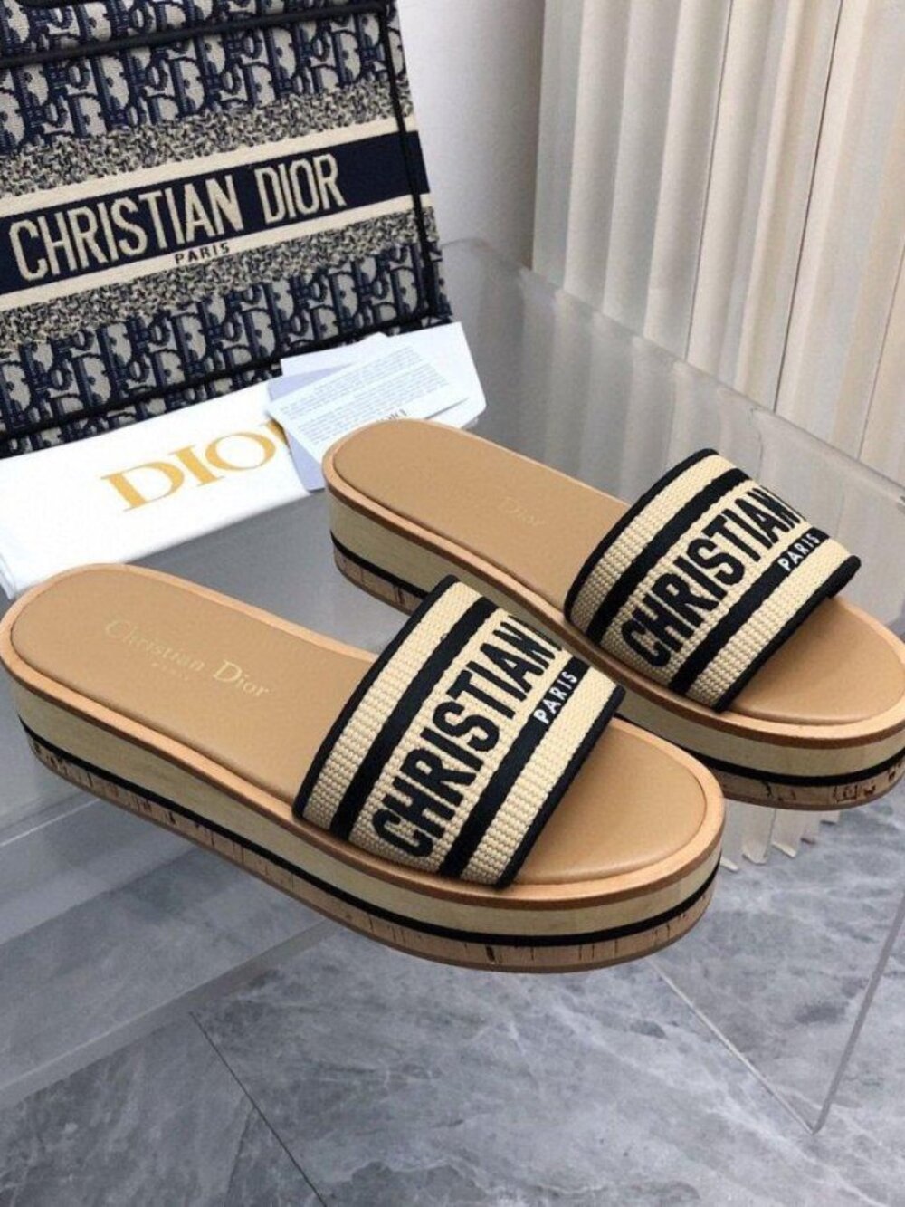 Dior Logo Leather Slide Sandals in Tan and Gold